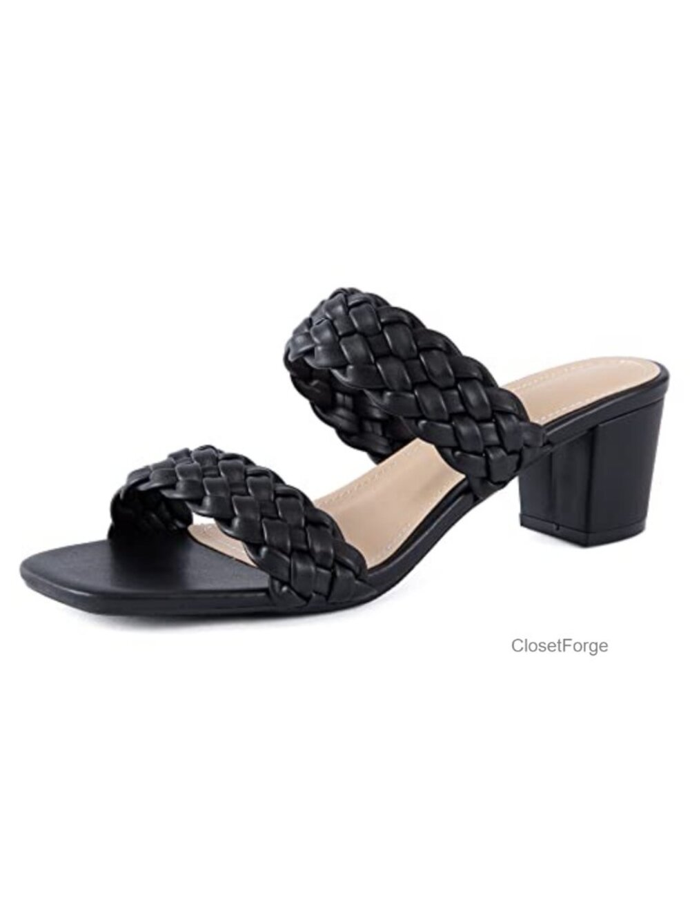 Braided Block Heel Sandals for Women, Chunky Low Heel Square Toe PU Leather